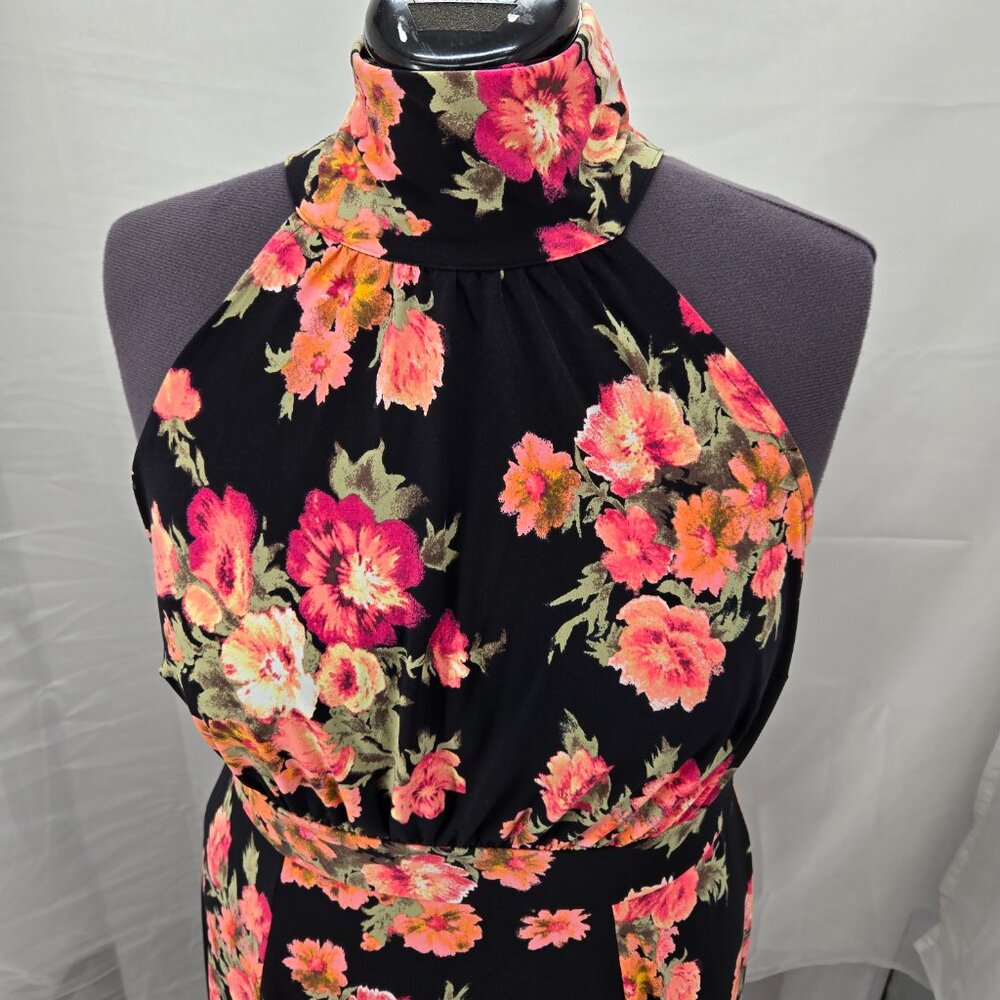 630-27 Torrid Black Floral High Neck Sleeveless Halter Midi Dress Size 14/16P - Picture 2 of 12